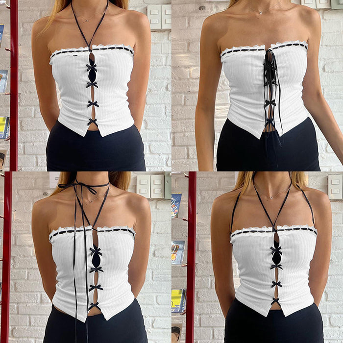 Color-Southeast Asia Sexy Contrast Color Tube Top Hollow Out Cutout out Strap Lace up Sleeveless Tube Top Top for Women Spring Summer-Fancey Boutique
