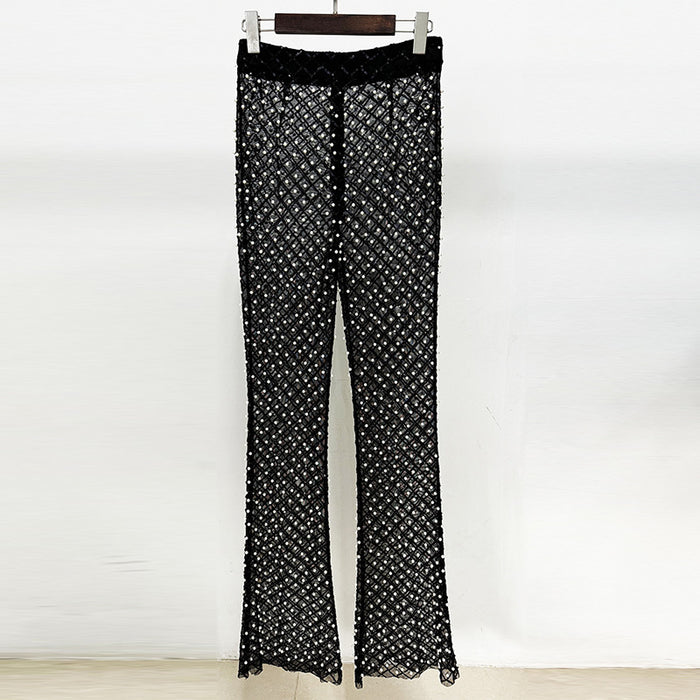 Color-Black Pants-Goods Spring Summer Hollowed Beaded Three Dimensional Floral Suit Pearl Sequin Gauze Trousers-Fancey Boutique