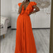 Women Clothing Deep V Plunge Neck High Waist Sexy Ruffled Pleated Wide Leg Jumpsuit-Orange-Fancey Boutique