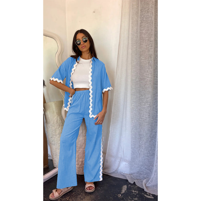 Spring Summer Comfortable Casual Single Breasted Lace Stitching Trousers Shacket-skyblue-Fancey Boutique