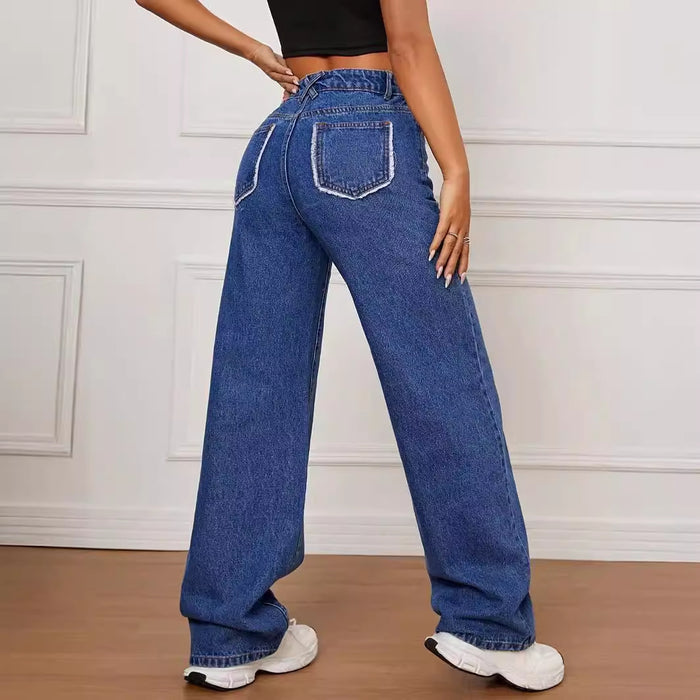 Spring Summer Women Straight Wide Leg Jeans Frayed Stitching All Match Slimming-Fancey Boutique