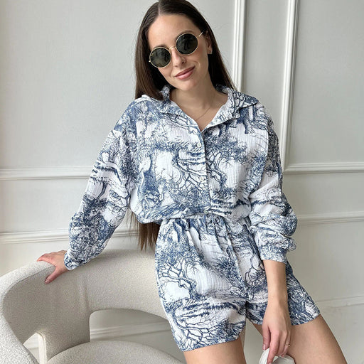 Summer Printed Cotton Pajamas Cardigan Long Sleeve Shorts Two Piece Set for Outerwear Homewear Women-Fancey Boutique