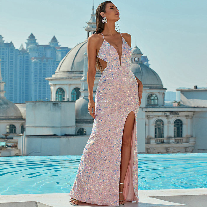 Color-Pink-V-neck Hepburn High-End High-End Long High Class Elegant Socialite Light Luxury Sequined Suspender Evening Dress-Fancey Boutique
