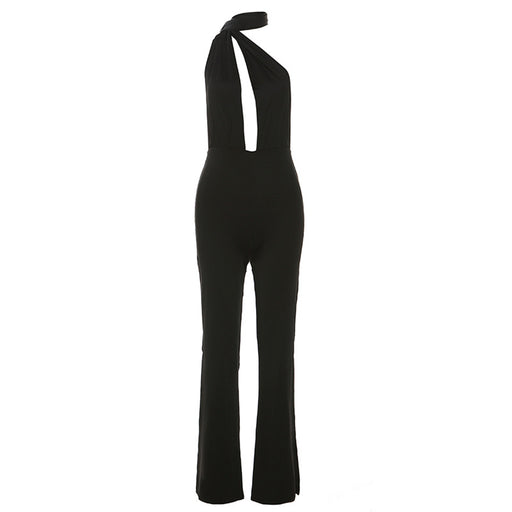 Color-Black-Fall Women Clothing Halter Sexy Cutout Backless Slim Fit Skinny Jumpsuit-Fancey Boutique