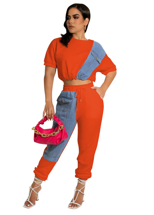 Color-Orange-Denim Casual Set Denim Combination Casual Sports Set-Fancey Boutique