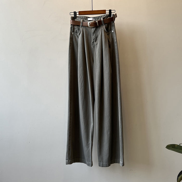 Thin Velvet High Waist Wide Leg Jeans for Women Spring Retro Casual Loose Mop Pants-Space-like Gray-Fancey Boutique