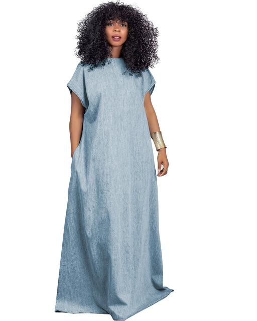 Color-Light Blue-Denim Dress Popular Retro Loose Deep V Plunge Neck Backless Dress-Fancey Boutique