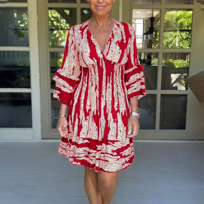 Color-Red-Arrival Fitted Waist Flare Sleeve V neck Dress Summer Women Clothing Printed Midi Dress-Fancey Boutique