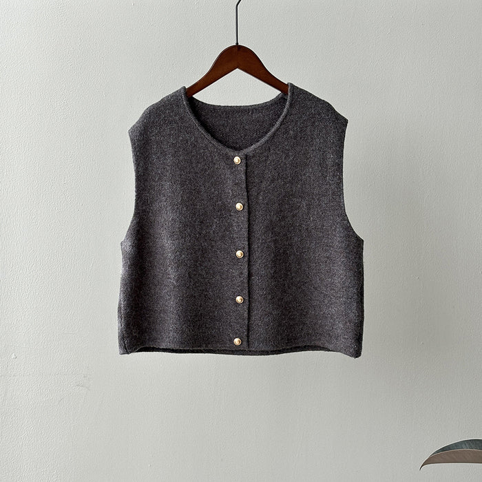 Gentle Single Breasted round Neck Knitted Vest Women Winter Loose Waistcoat Top-Dark Grey-Fancey Boutique