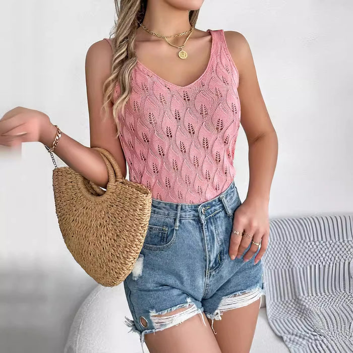 Real Shot Summer Solid Color V neck Hollow Out Cutout Leaf Sleeveless Sweater Holiday Vest Women Clothing-Tank Top-Fancey Boutique