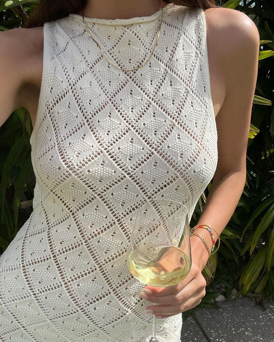 Color-Apricot-Hollow Out Cutout Mesh Beach Vacation Sexy Dress Knitted Slit Dress Summer-Fancey Boutique