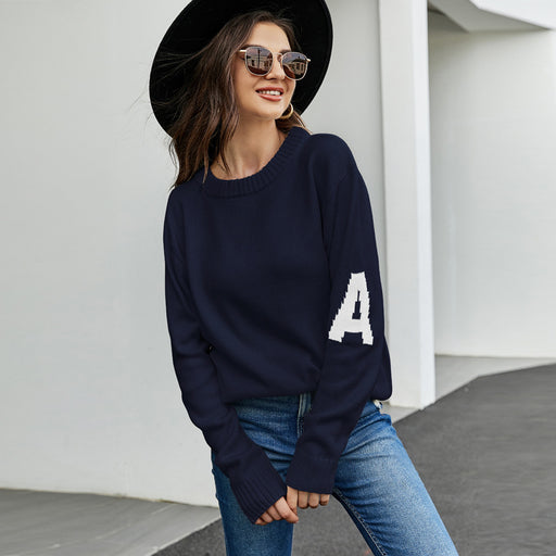 Color-Dark Blue-Women Clothing Letter Graphic Jacquard Casual Sweater Idle Loose Pullover Women Sweater-Fancey Boutique