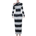 Autumn Blooming Black White Striped Asymmetric Shoulder Cascading Collar Long Sleeve Dress Women-Multi-Fancey Boutique