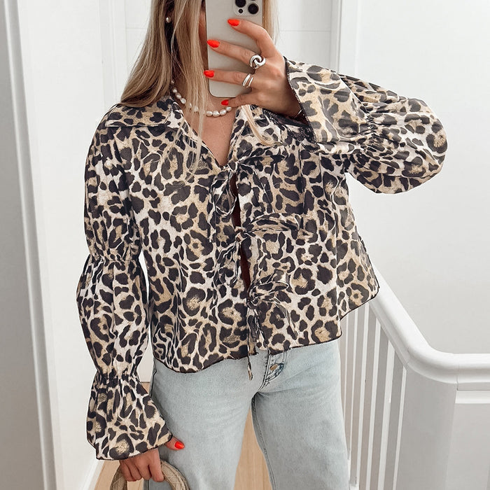 Leopard Print Classic Street Collared Tied Shirt Autumn Russian Casual Loose Shirt Women Clothing-Fancey Boutique