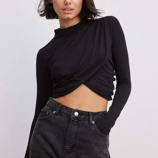 Color-Black-High Grade Top Cross Laminated Design Casual Short Sleeved T shirt Women-Fancey Boutique