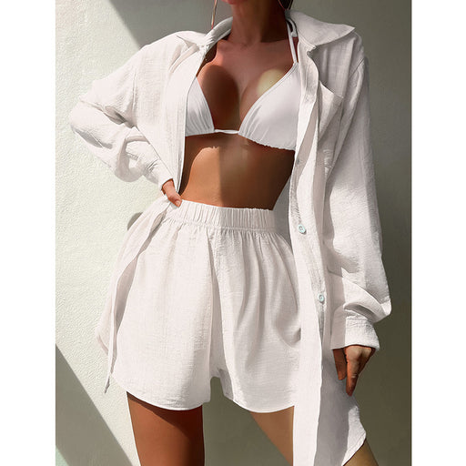 Color-White-Beach Vacation Solid Color Shirt Suit Sexy Loose Sun Protective Clothing Casual Beach Swimsuit Blouse-Fancey Boutique