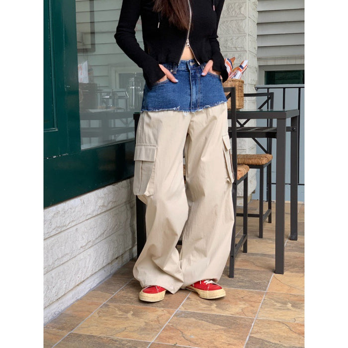 Color-Khaki-Korean Chic Autumn Winter Niche Personality High Waist All Matching Button Pocket Denim Stitching Workwear Casual Pants Trousers Women-Fancey Boutique