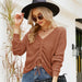 Color-Brown-Top Drawstring Irregular Asymmetric Solid Color Sweater Sexy V neck Long Sleeve Sweater-Fancey Boutique