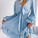 Spring Summer Casual Lace up Waist Tight Wooden Ear Swing Dress Women Clothing-Light Blue-Fancey Boutique