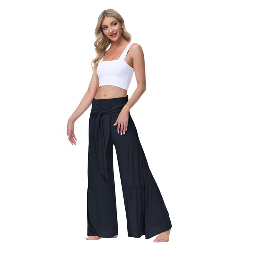 Color-Dark Blue-Women Clothing Bandage Elastic Waist Pleated Wide Leg Pants Casual Loose Trousers-Fancey Boutique