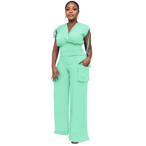 Drawstring Sleeveless Vest High Waist Women Baggy Straight Trousers Two Piece Suit-Green-Fancey Boutique