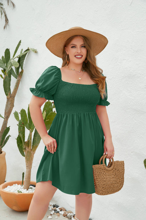 Color-Green-Plus Size Women Clothing Solid Color Casual Holiday Dress Travel Square Collar Smocking Puff Sleeve Dress-Fancey Boutique