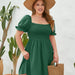 Color-Green-Plus Size Women Clothing Solid Color Casual Holiday Dress Travel Square Collar Smocking Puff Sleeve Dress-Fancey Boutique