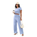 Summer Round Neck Short Sleeved Women Clothing Two Piece Suit Casual Wide Leg Pants Suit Cotton-Light Blue-Fancey Boutique