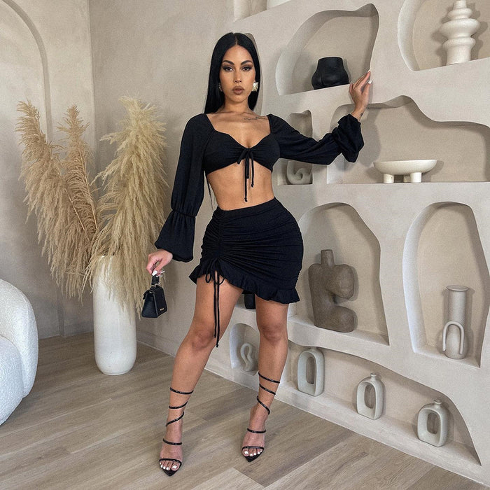 Color-Black-Spring Summer Women Clothing Hollow Out Cutout Corset Top Drawstring Short Skirt Two Piece Set-Fancey Boutique