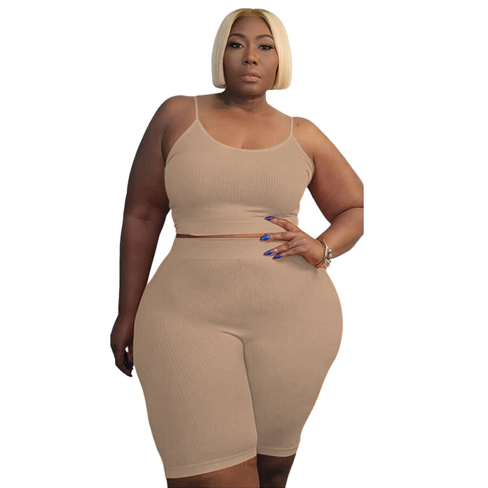 Color-Shallow Coffee-Plus Size Women Clothing Casual Sports Two Piece High Elastic U Shaped Sleeveless Shorts Suit-Fancey Boutique