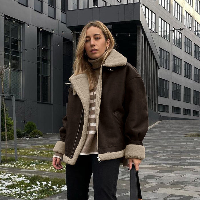 Women Clothing Winter Loose Suede Coat Women Short Lambswool Warm Retro Jacket-Fancey Boutique