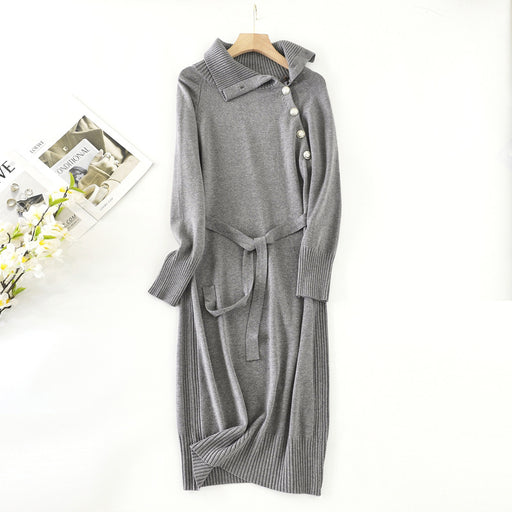 Color-Gray-Women Mid Length Turtleneck Sweater Autumn Winter Idle Match Coat Knitted Knee Elegant Dress-Fancey Boutique