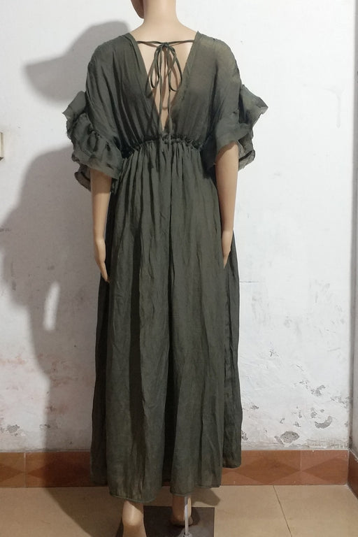 Beach Cover up Slubbed Fabric Button Draw Waist Strap Maxi Dress Sun Protection Shirt-Army Green-Fancey Boutique