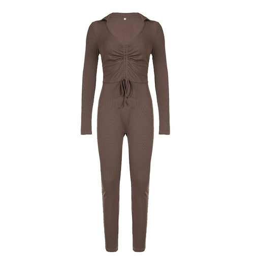 Color-Brown-Sports Street Women Clothing Solid Color Polo Collar Pleated Drawstring Lace up Tight Long Sleeve Jumpsuit Skinny Pants-Fancey Boutique