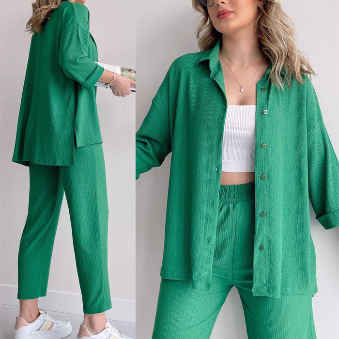 Casual Autumn Shirt High Waist Elastic Pants Women Two Piece Set-Green-Fancey Boutique