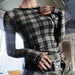 Sweet Spicy Retro Black Gray Color Matching Plaid See through Slim Fit Short Mesh T shirt Autumn Personality Slim Fit Top-Fancey Boutique