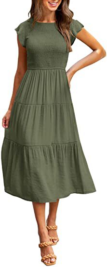 Color-Army Green-Women Clothing Popular Pinfei Flounced Sleeve Pleating Layered Short Sleeve Large Swing Dress-Fancey Boutique