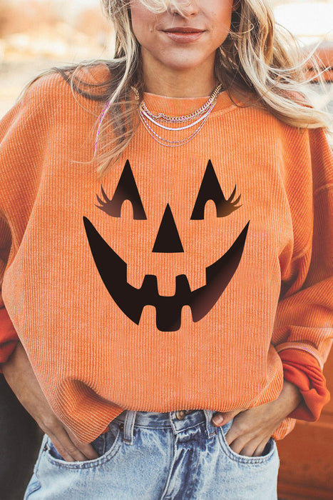 Color-Smile-Halloween Pumpkin Head Sweater Women Loose round Neck Pullover-Fancey Boutique