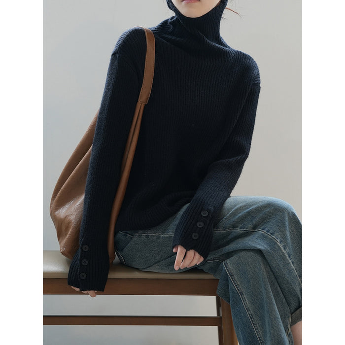 Soft Glutinous Turtleneck Sweater Women Winter Button Slim Knit Bottoming Shirt-Black-Fancey Boutique