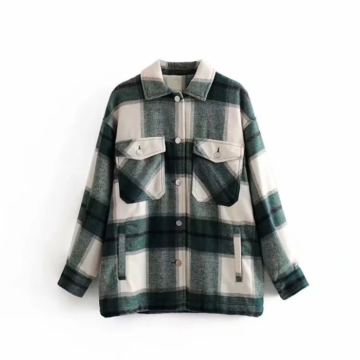 Color-Dark Grey-Women Plaid Shirt Soft Woolen Coat Sweet Casual Autumn Winter Women Top-Fancey Boutique