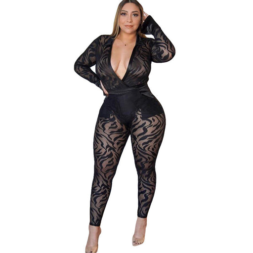 Color-Black-Plus Size Women Clothing Sexy See-through Polyester Mesh Flocking Striped Tight Casual Two-Piece Suit-Fancey Boutique