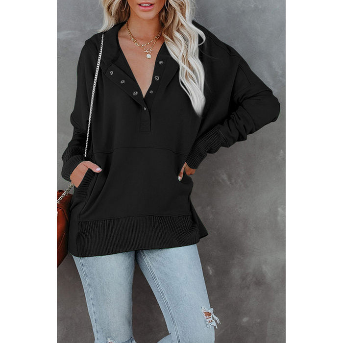 Color-Black-Loose Hooded Sweater Women Mid Length Autumn Winter Solid Color Casual Bottoming Shirt Top-Fancey Boutique