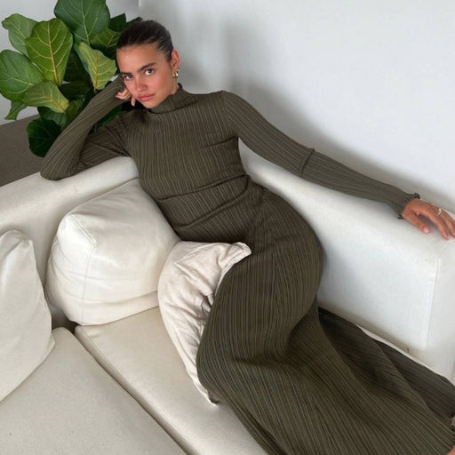 Autumn Winter Knitting Stringy Selvedge Dress Waist Tight Turtleneck Messy Sunken Stripe Core Spun Yarn Slimming Knitted Maxi Dress Women-Olive Green-Fancey Boutique