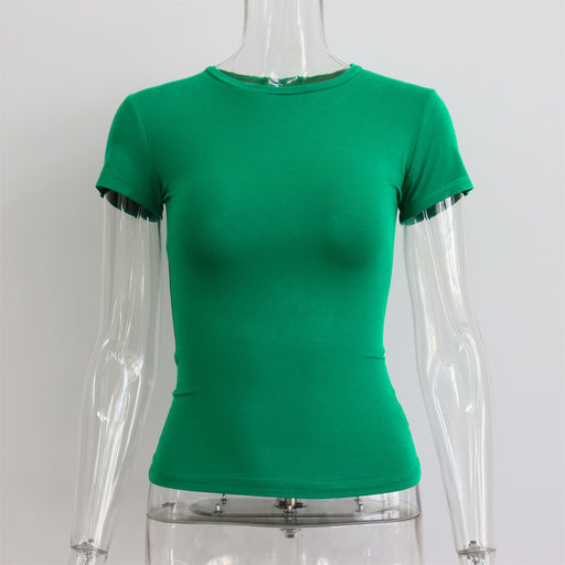 Color-Green-Spring Summer Basic round Neck Short Sleeve T shirt Women Tight Sexy Simple Solid Color Top Women-Fancey Boutique