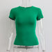 Color-Green-Spring Summer Basic round Neck Short Sleeve T shirt Women Tight Sexy Simple Solid Color Top Women-Fancey Boutique