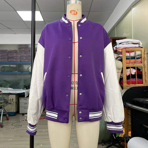 Color-Purple-Women Clothing Varsity Jacket Leather Sleeve Stitching Bone Embroidery Autumn Winter Padded Jacket Women-Fancey Boutique