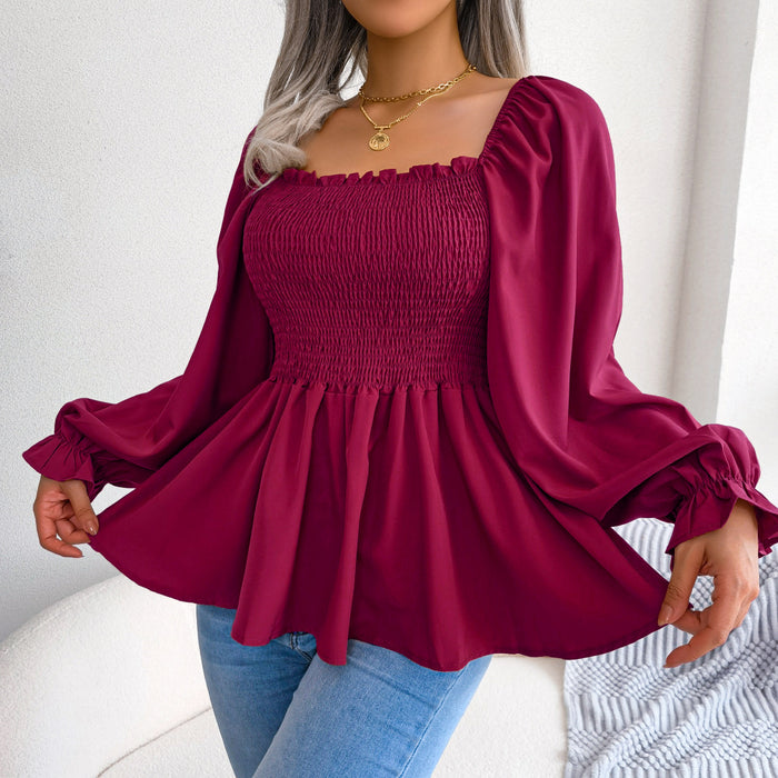 Color-Burgundy-Spring Summer Casual Wooden Ear Square Collar Long Sleeve Chiffon Shirt Women Clothing-Fancey Boutique