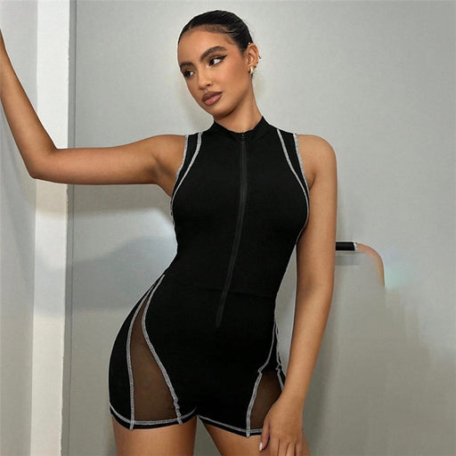 Color-Women Clothing Autumn Winter round Neck Zipper Sleeveless Stitching See through Sexy Tight Hip Lifting Jumpsuit-Fancey Boutique