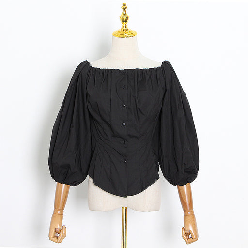 Color-Black-Solid Color Slim Fit Shirt Autumn Lantern Sleeve off Shoulder Single Breasted Shirt for Women-Fancey Boutique