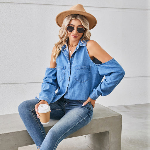 Color-Blue-Sexy Casual Washed off the Shoulder Hollow Out Cutout Denim Long Sleeve Shirt Top Women-Fancey Boutique